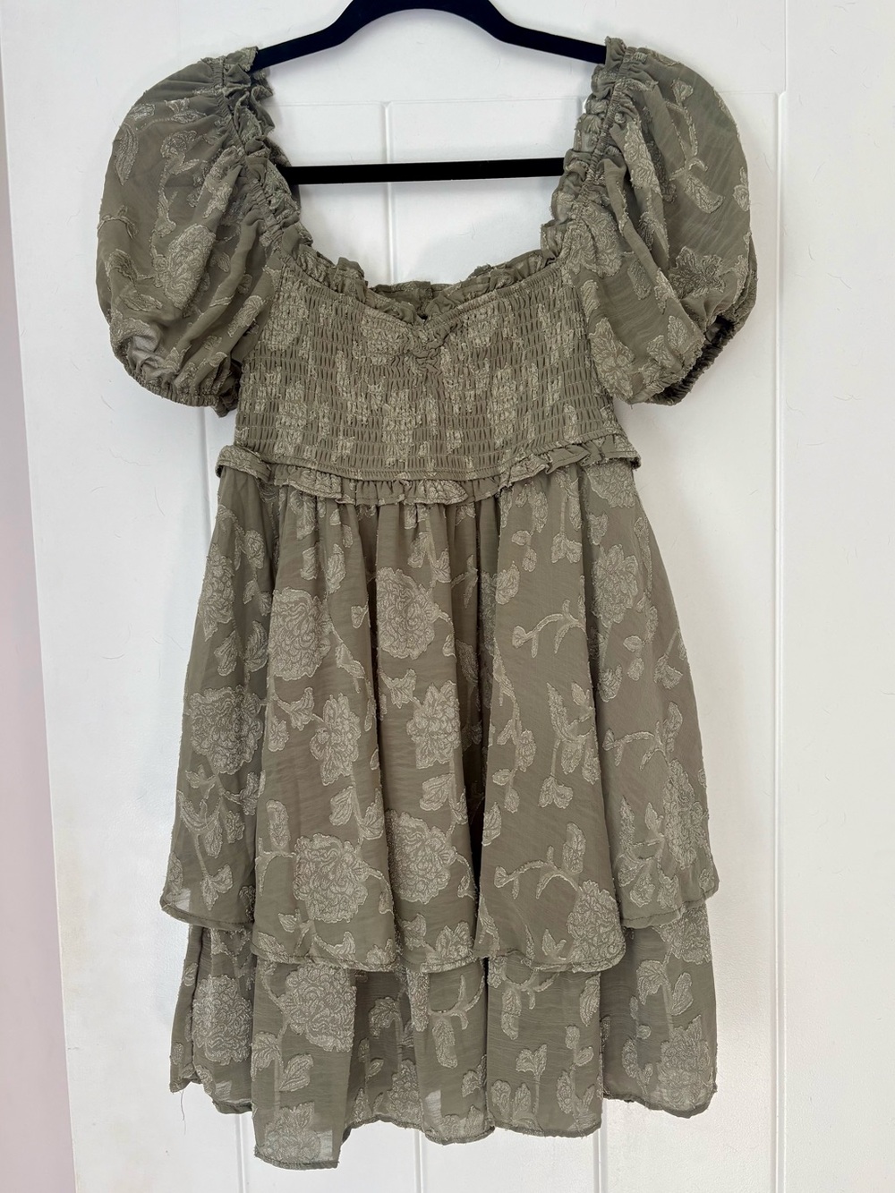 Altar'd State Olive Puff Sleeve Smocked Tiered Floral Dress